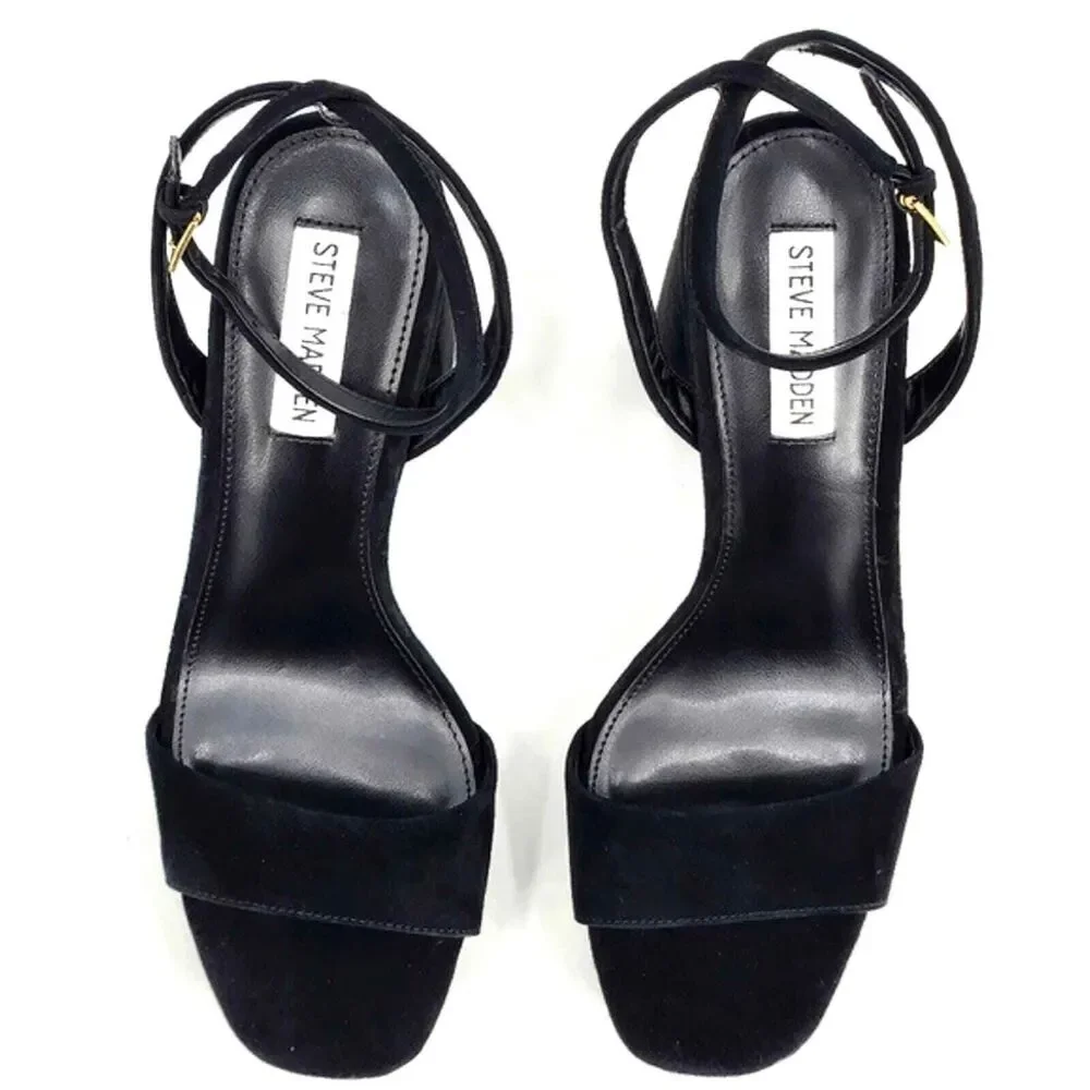 Steve Madden Lessa Platform Sandals Womens Size 9.5 Black Suede Chunky Heels Y2K